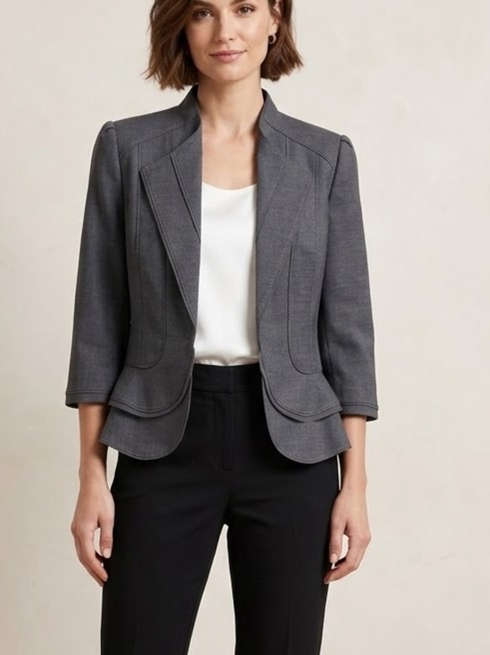 WHBM Grey Wool Blend Double Peplum Blazer Jacket 3/4 Sleeve Size 2